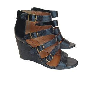 Lucky Brand Gladiator Wedge Sandals Black Leather Size 6.5